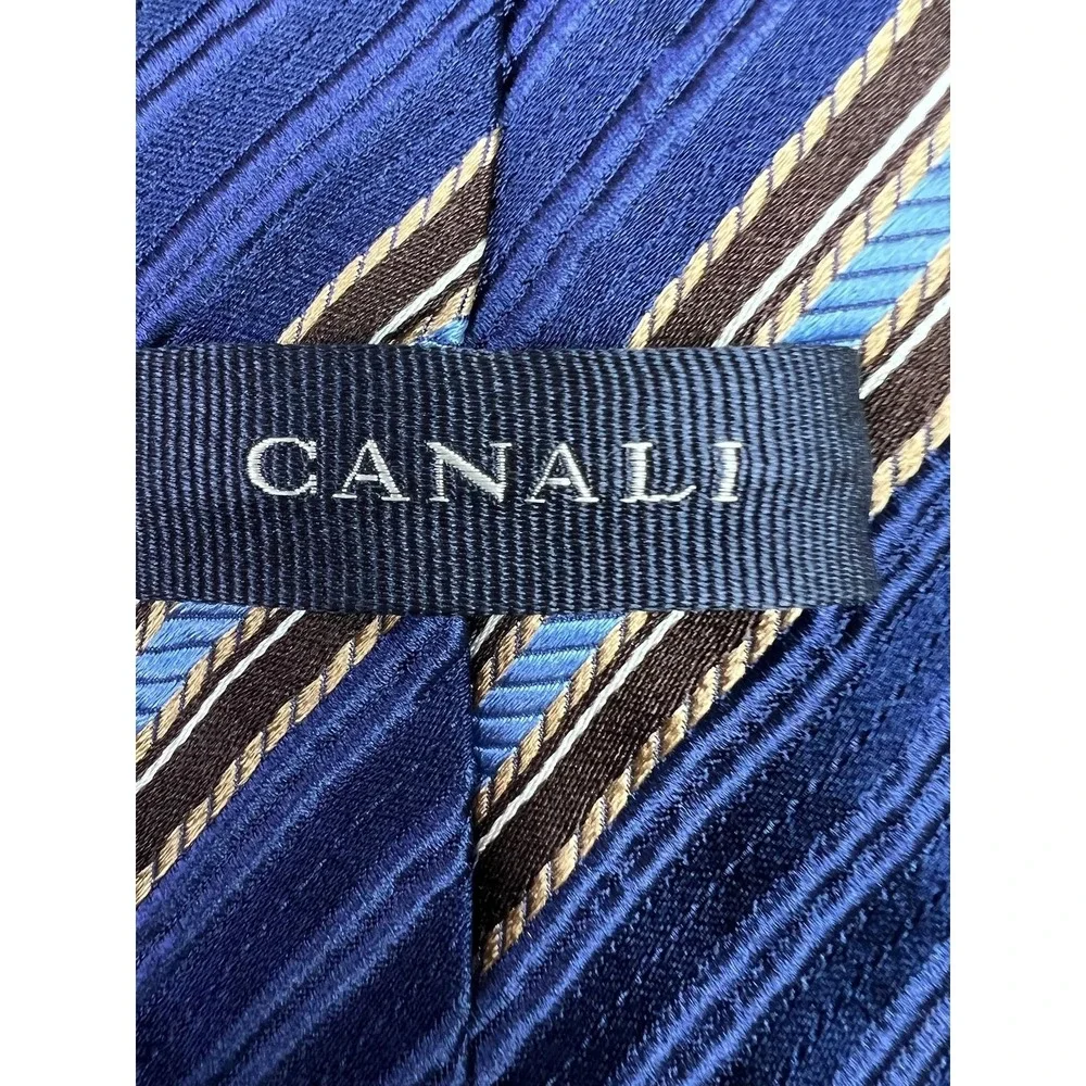 Canali Tie Mens One Size Blue Brown Striped 100% Silk Made In Italy Classic